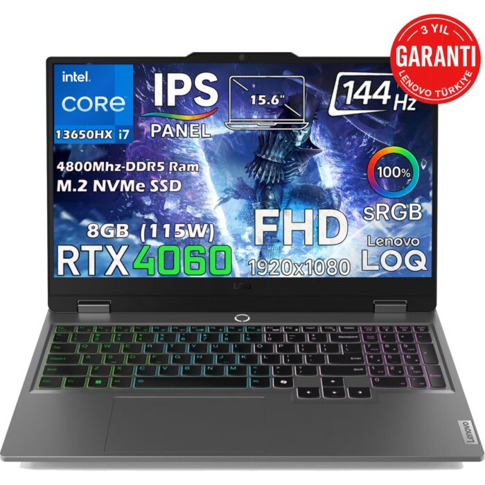 110001248384654.jpg Lenovo Loq 15IRX9 Intel Core I7 13650HX 32GB 1tb SSD Rtx 4060 (115W) 15.6" Srgb 144Hz Fhd IPS Panel Freedos Taşınabilir Bilgisayar 83DV011GTRT1 - Görsel 1