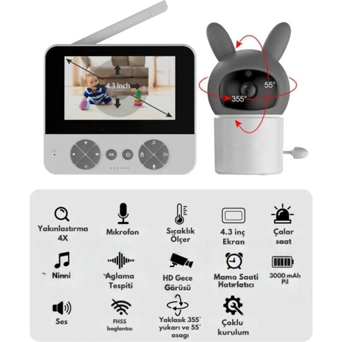 Aksiyon Global Bebek Kamerası Kumandalı Monitörlü Karşılıklı Konuşma Özellikli , Hatırlatıcılı Ip Bebek Kamerası - Lisinya - Görsel 3