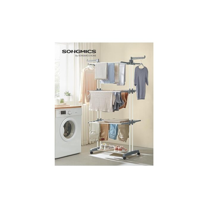 Pearl Shop Çamaşır Kurutma Makinesi, Stand Kurutma Makinesi 4 Kademeli, Kanatlı Elbise Havalandırması, Katlanır Kanatlar, Tekerlekli, Kolay Montaj, Beyaz - Görsel 2