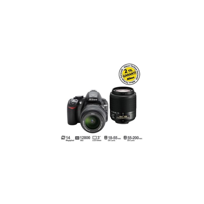 8891658174514.jpg Nikon D3100 18-55mm DX + 55-200mm DX Kit 14.2 MP 3" LCD Dijital SLR Fotoğraf Makinesi - Görsel 1